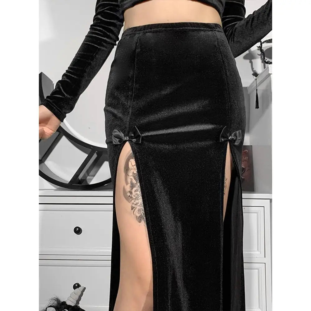 Black Gothic Punk Slit Skirt Cotton Polyester