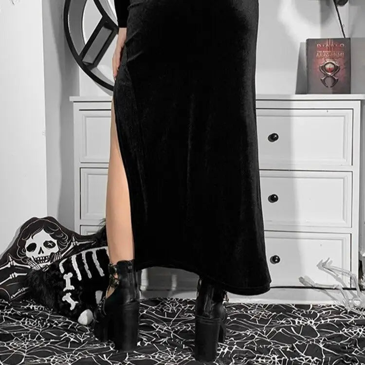 Black Gothic Punk Slit Skirt Cotton Polyester