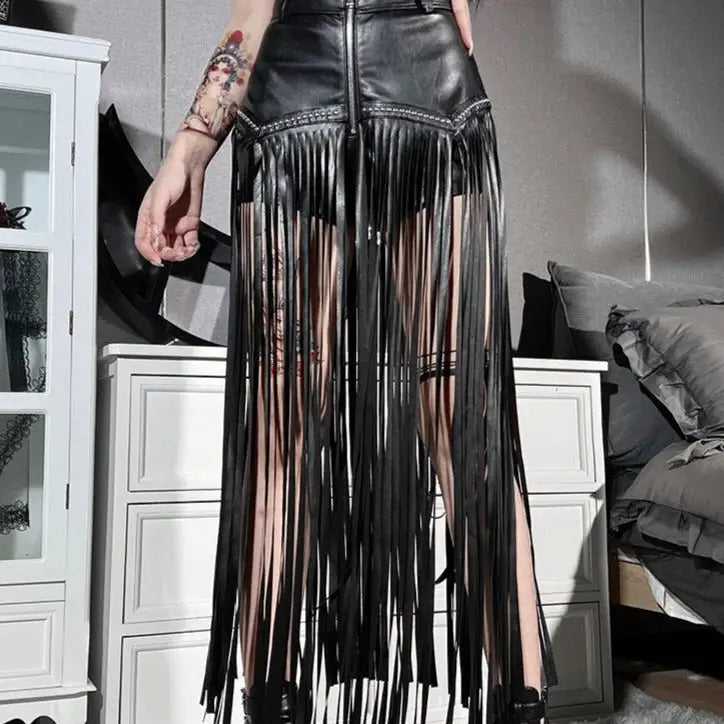Black Gothic Punk Slit Skirt Cotton Polyester Strip-Skirt