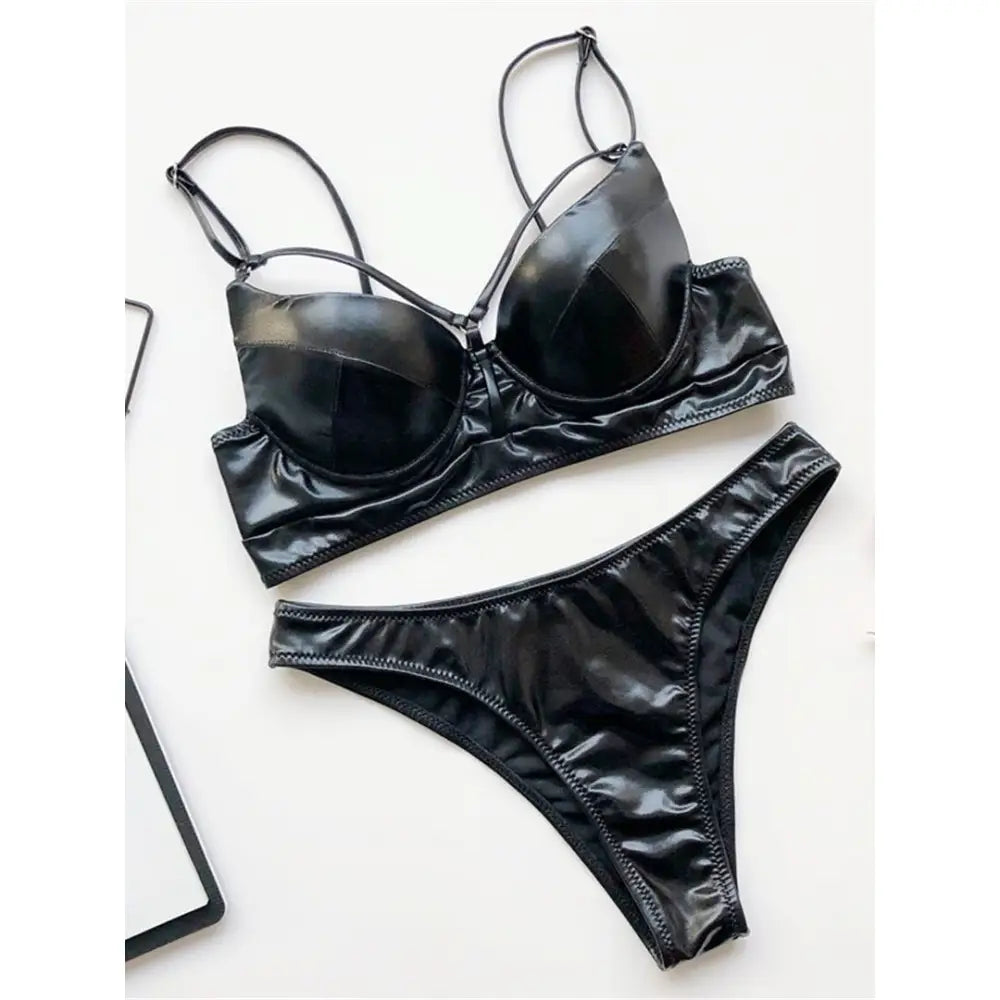 Black Hollow Out Leather Swimsuit