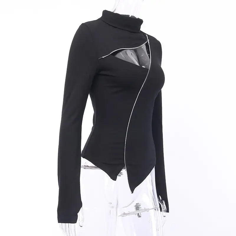 Black Hollow Turtleneck Zipper Bodycon Sweater