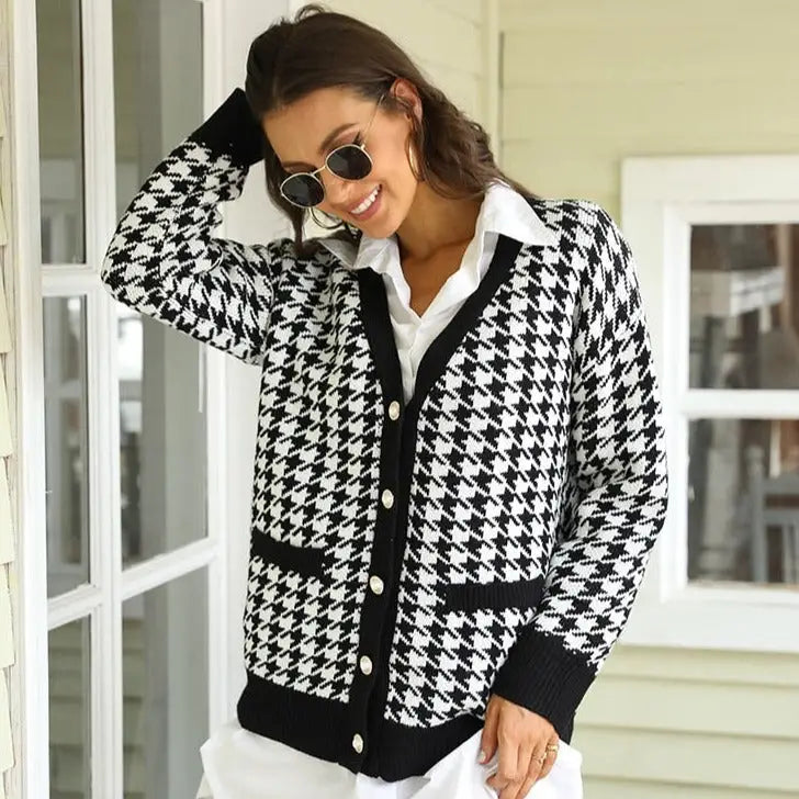 Black Houndstooth Knitted Cardigan for Women