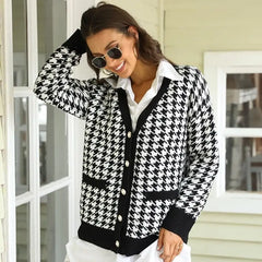 Black Houndstooth Knitted Cardigan for Women