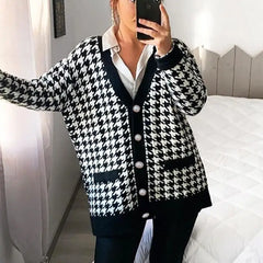 Black Houndstooth Knitted Cardigan for Women