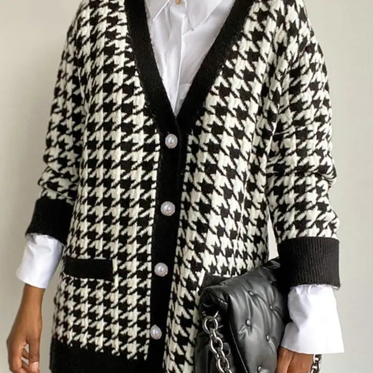 Black Houndstooth Knitted Cardigan for Women / S