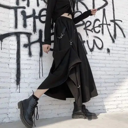 Black Irregular High Waist Gothic Skirt with Buckle Detail