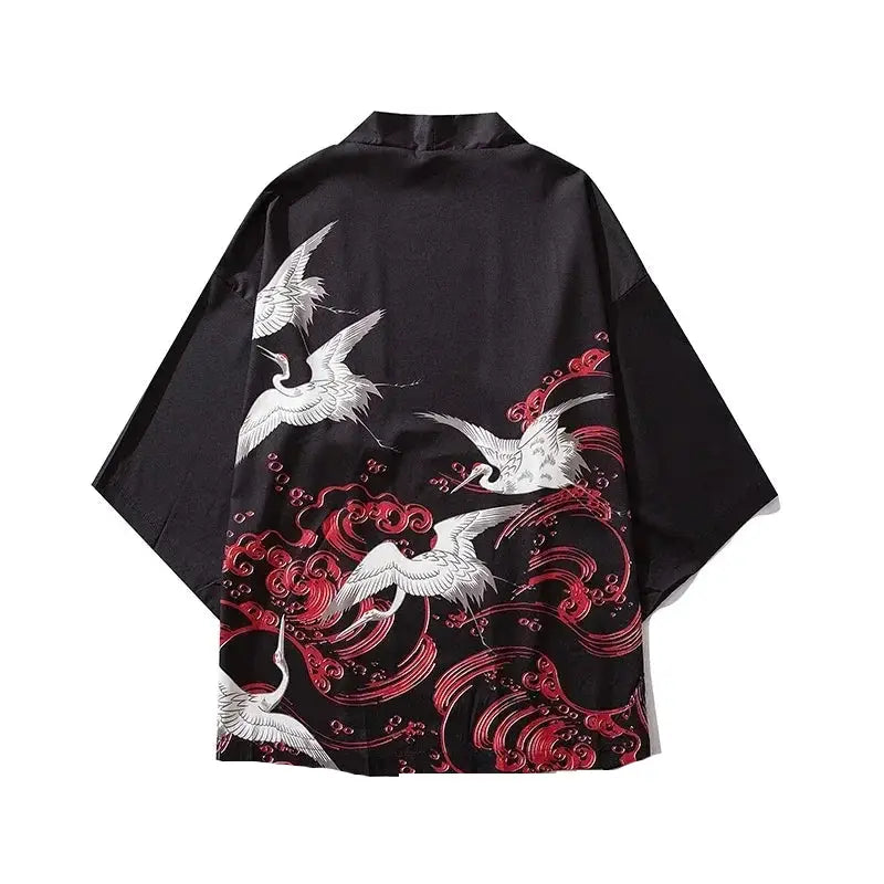 Black Kimono Cardigan with Traditional Japanese Print Birds