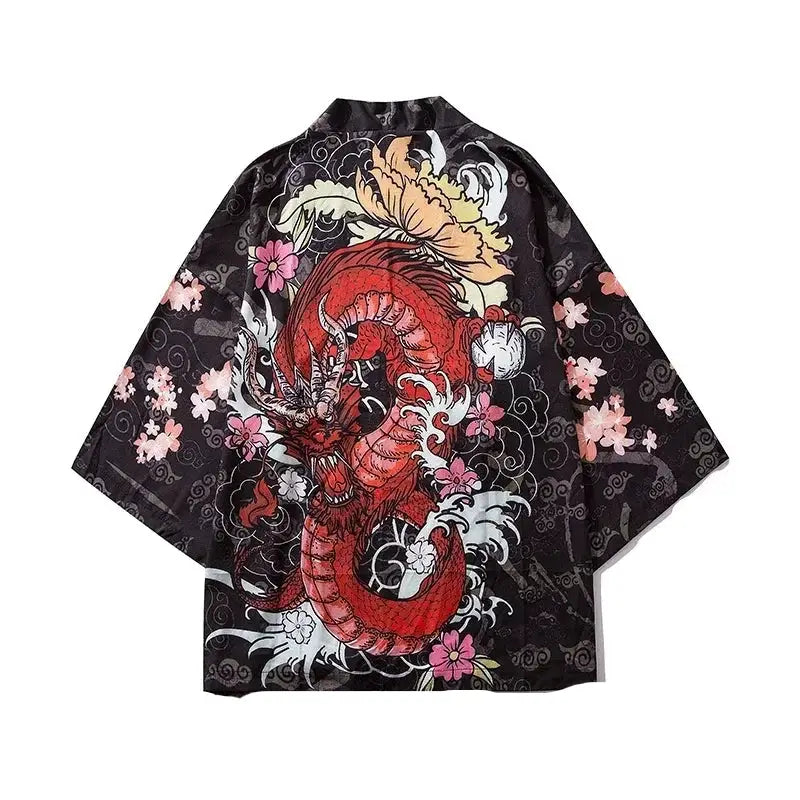 Black Kimono Cardigan with Traditional Japanese Print