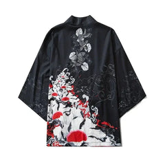 Black Kimono Cardigan with Traditional Japanese Print Fish