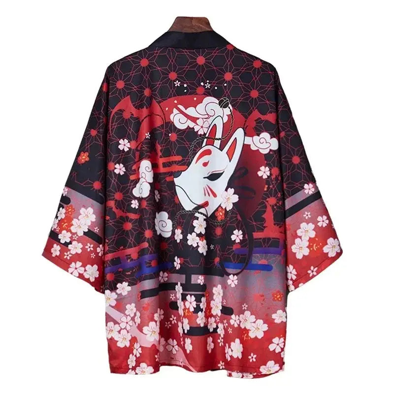 Black Kimono Cardigan with Traditional Japanese Print Fox