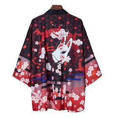 Black Kimono Cardigan with Traditional Japanese Print Fox