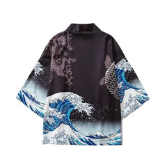 Black Kimono Cardigan with Traditional Japanese Print Waves