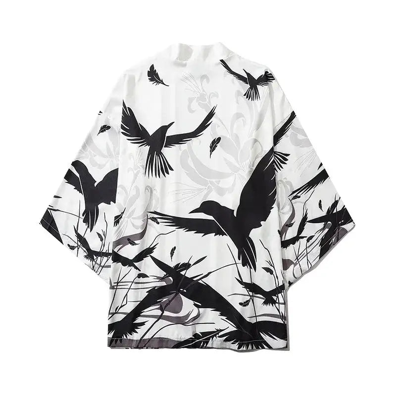 Black Kimono Cardigan with Traditional Japanese Print White