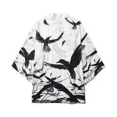 Black Kimono Cardigan with Traditional Japanese Print White