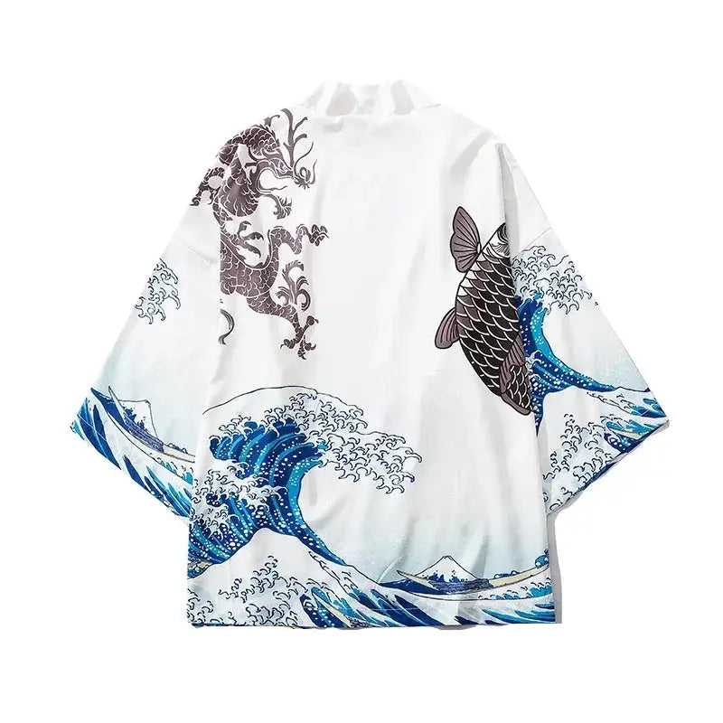 Black Kimono Cardigan with Traditional Japanese Print White