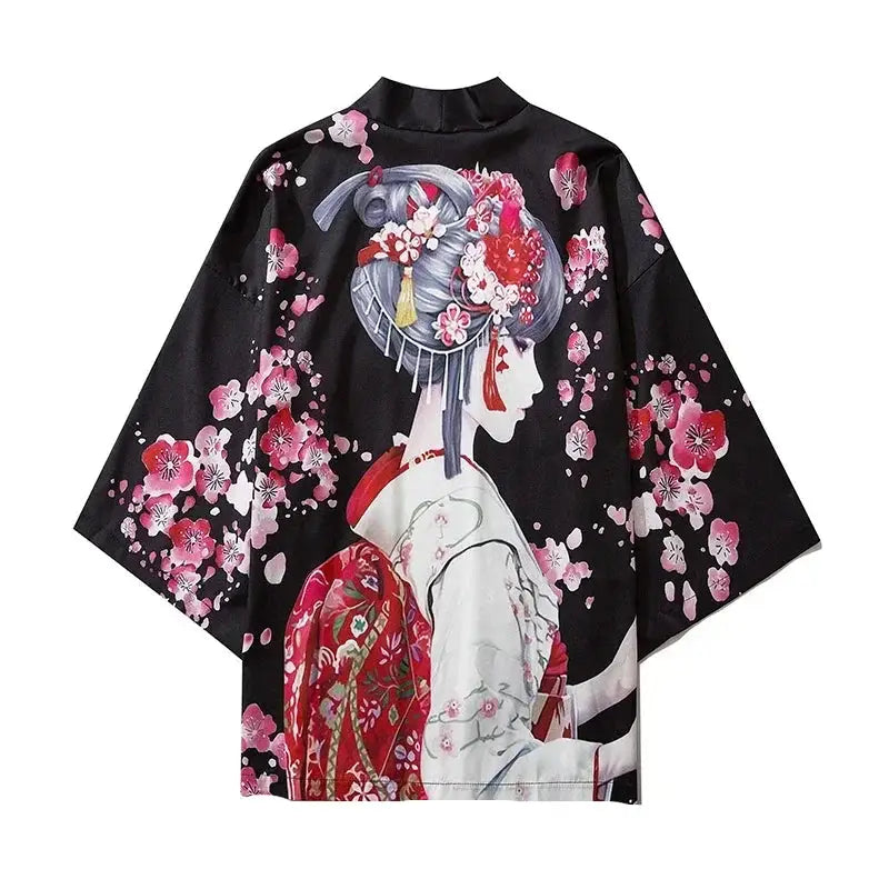 Black Kimono Cardigan with Traditional Japanese Print Woman