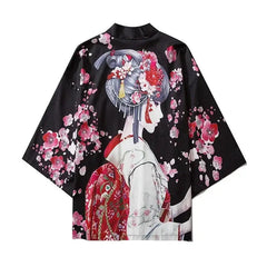 Black Kimono Cardigan with Traditional Japanese Print Woman