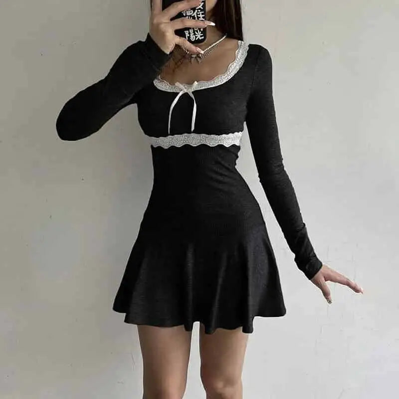 Black Lace Long Sleeve Bodycon Mini Dress