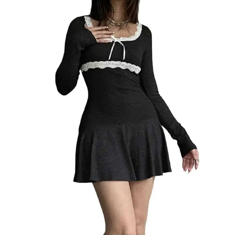 Black Lace Long Sleeve Bodycon Mini Dress / S