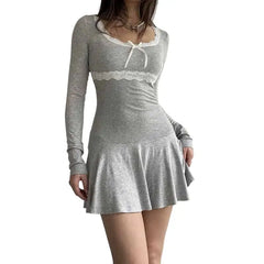 Black Lace Long Sleeves Bodycon Mini Dress - Grey / S