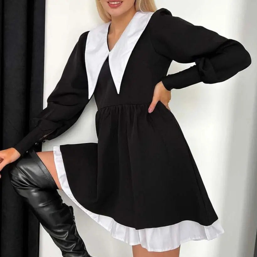Black Lantern Sleeve Mini Dress with Peter Pan Collar