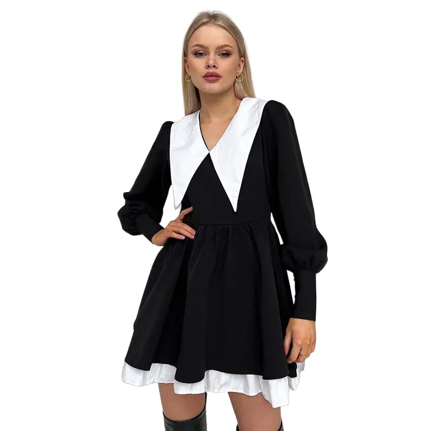 Black Lantern Sleeve Mini Dress with Peter Pan Collar / S