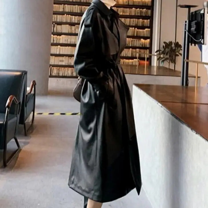 Black Long Waterproof Up Pu Leather Coat