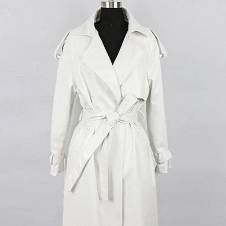 Black Long Waterproof Up Pu Leather Coat - White / S