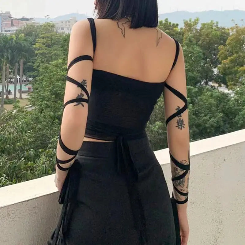 Black Mesh Lace Up Bandage Crop Top
