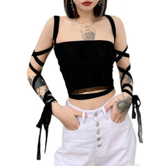 Black Mesh Lace Up Bandage Crop Top