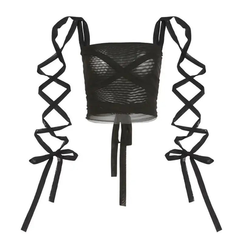 Black Mesh Lace Up Bandage Crop Top / S