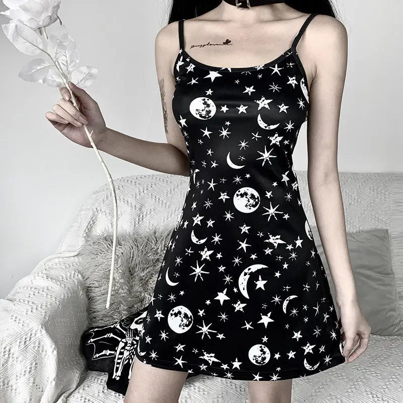 Black Moon and Stars Strappy Dress / S