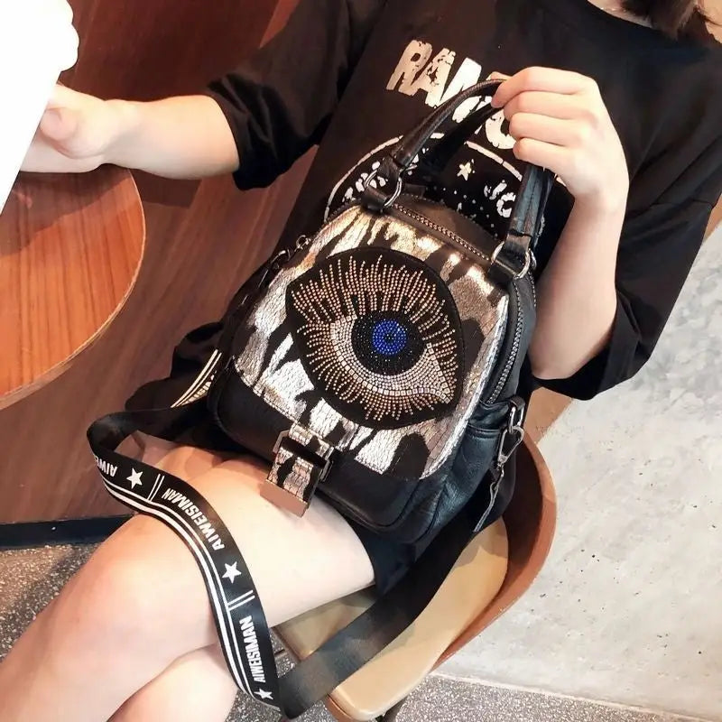 Black Multi-Pocket Rhinestone Bag with Zipper Closure