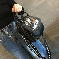 Black Multi-Pocket Rhinestone Bag with Zipper Closure