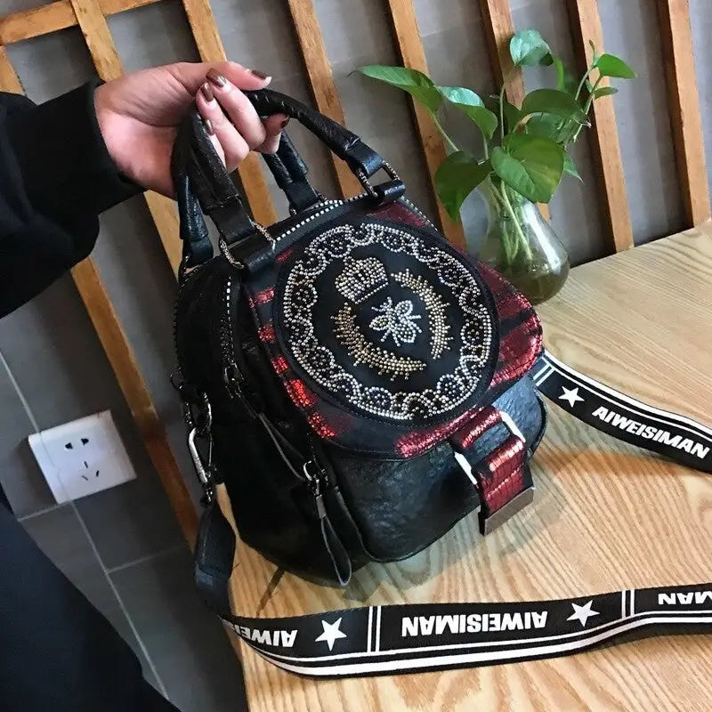 Black Multi-Pocket Rhinestone Bag with Zipper Closure Red