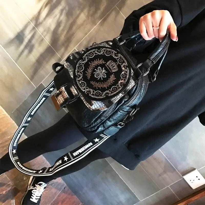 Black Multi-Pocket Rhinestone Bag with Zipper Closure