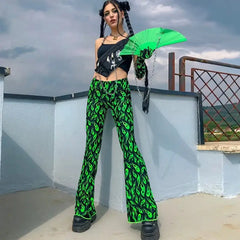 Black Neon Greent Flare Long Pants