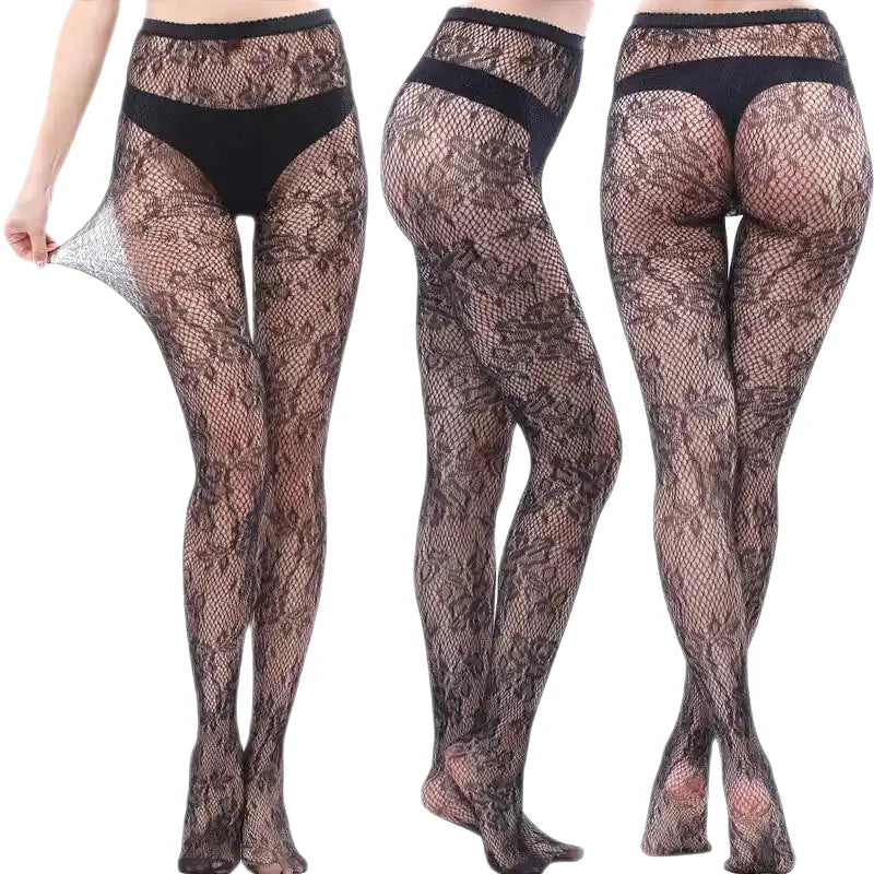 Black Openwork Mesh Stockings with Printed Design Flowers