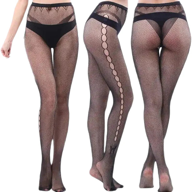 Black Openwork Mesh Stockings with Printed Design Holes