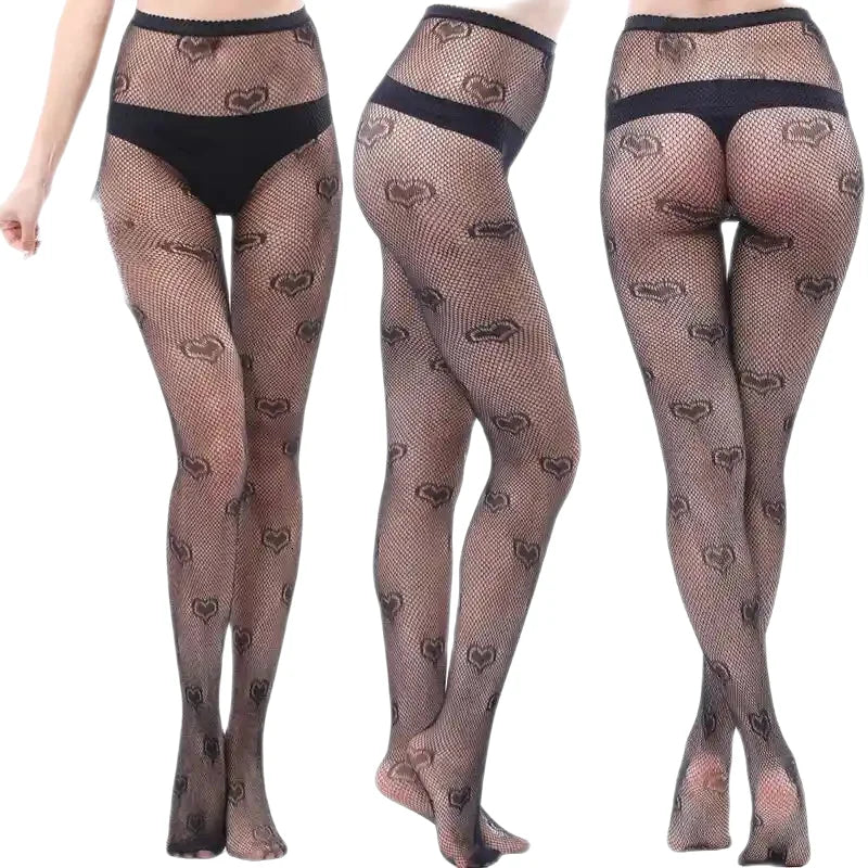 Black Openwork Mesh Stockings with Printed Design Love