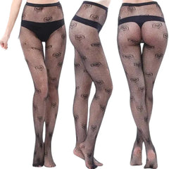 Black Openwork Mesh Stockings with Printed Design Love