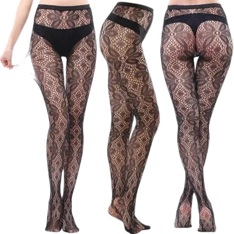 Black Openwork Mesh Stockings with Printed Design Roses