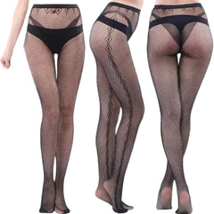 Black Openwork Mesh Stockings with Printed Design Side