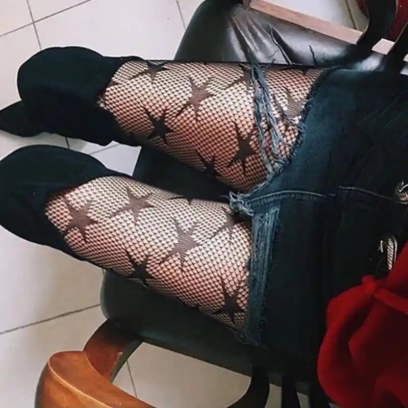 Black Openwork Mesh Stockings with Printed Design