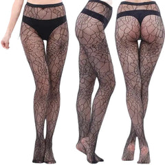 Black Openwork Mesh Stockings with Printed Design Spider