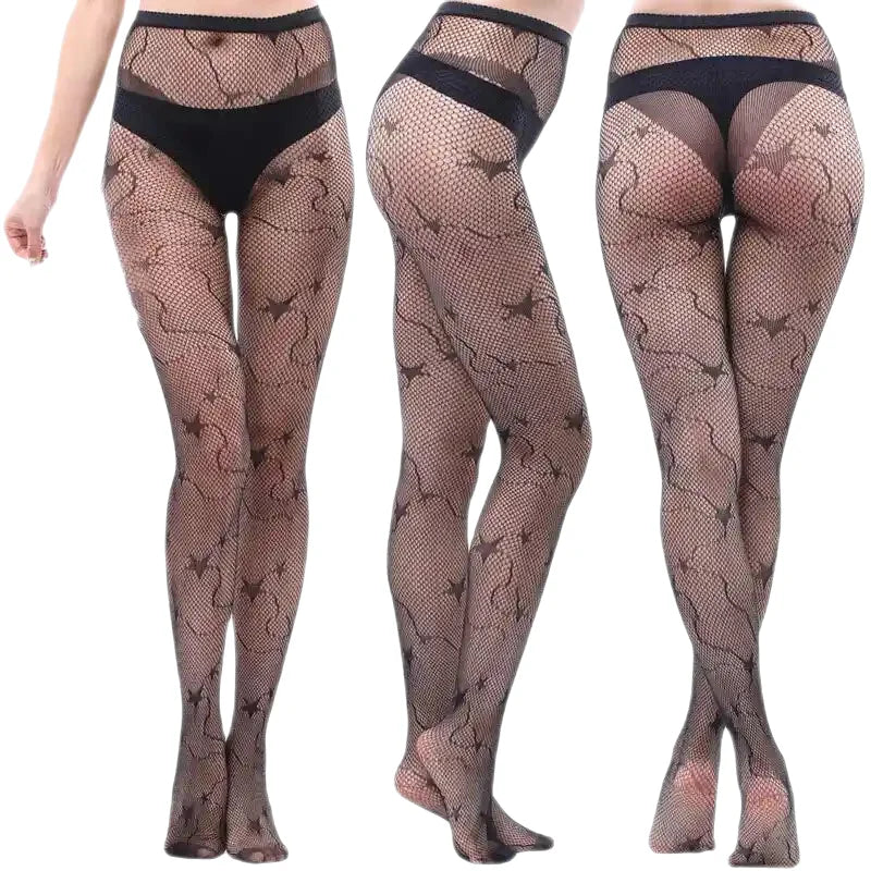 Black Openwork Mesh Stockings with Printed Design Stars