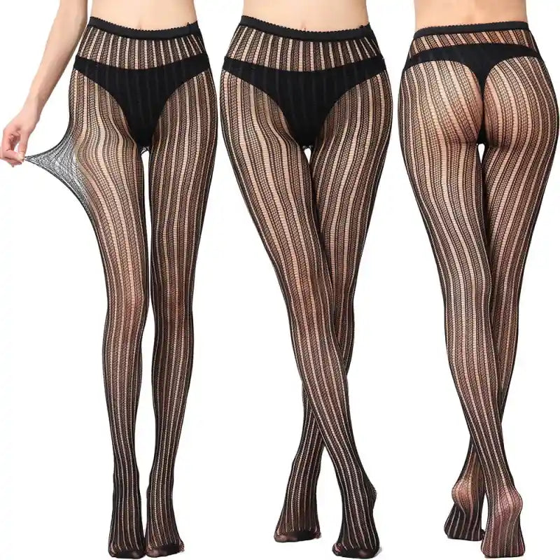 Black Openwork Mesh Stockings with Printed Design Stripes