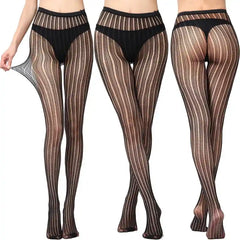 Black Openwork Mesh Stockings with Printed Design Stripes