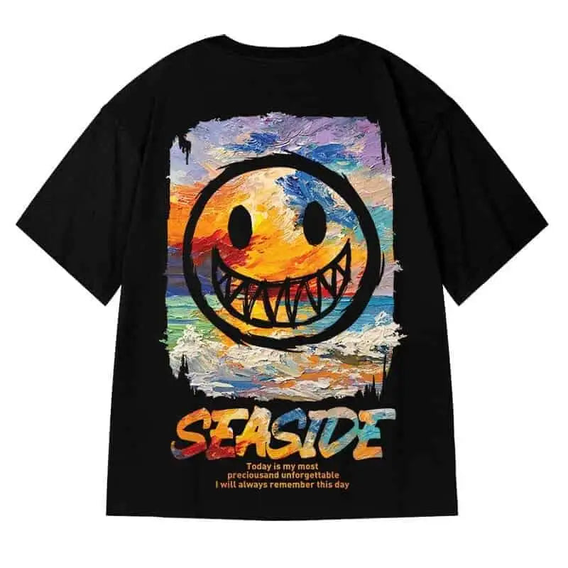 Black Oversize Printed Short Sleeve T-shirt - Happy Colors