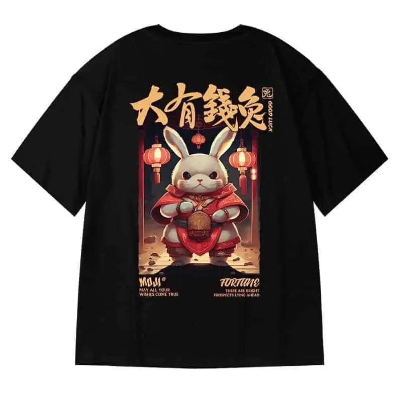 Black Oversize Printed Short Sleeve T-shirt - Rabbit Balck